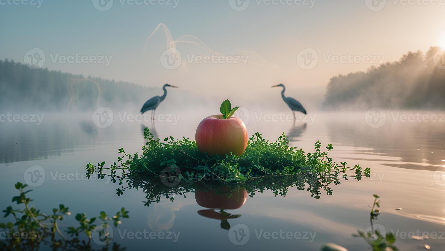 Apple on Grassy Patch Reflected in Misty Lake with Herons photo