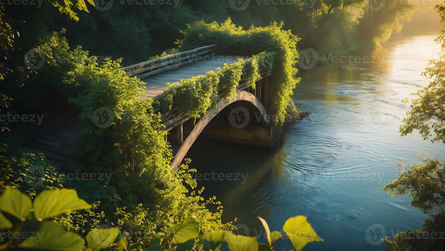 Old Wooden Bridge Over Water River Covered in Lush Greenery photo
