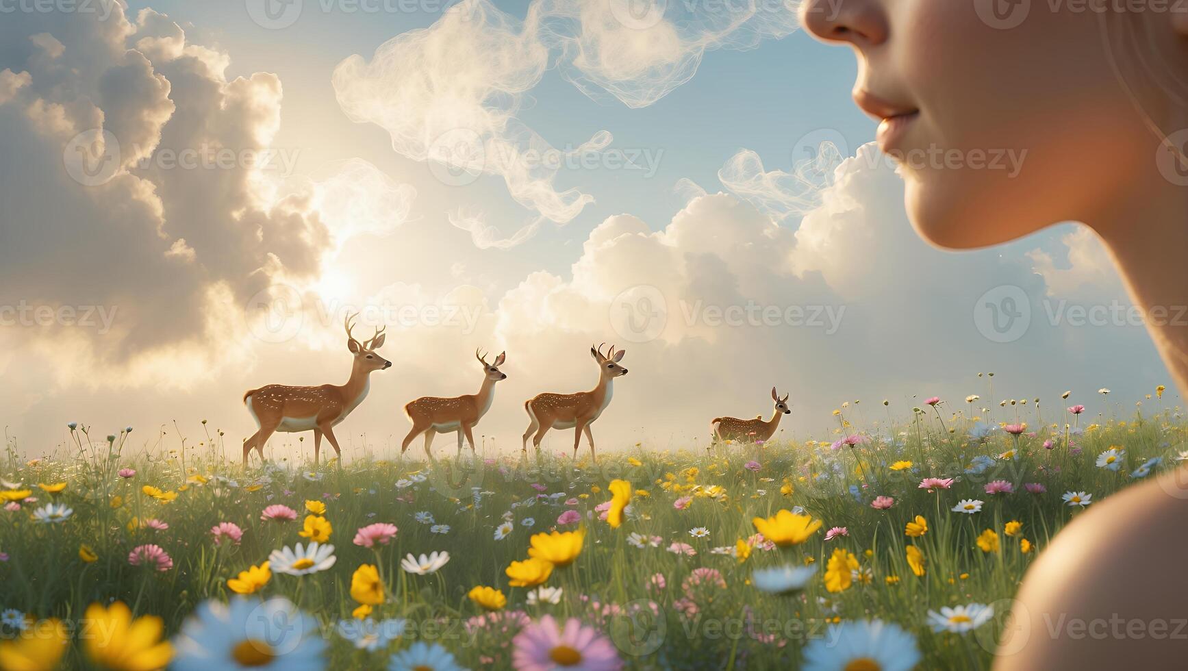 Deer Grazing in Meadow with Flowers Under Sunny Sky Woman Watching photo