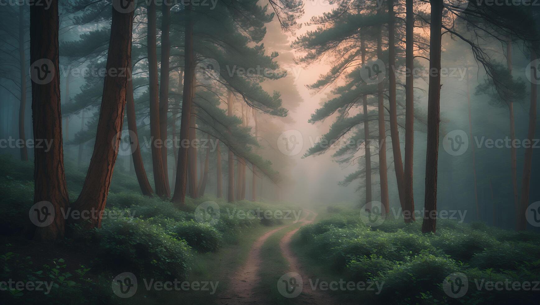 Winding Path Through Forest with Tall Trees and Mystical Fog photo
