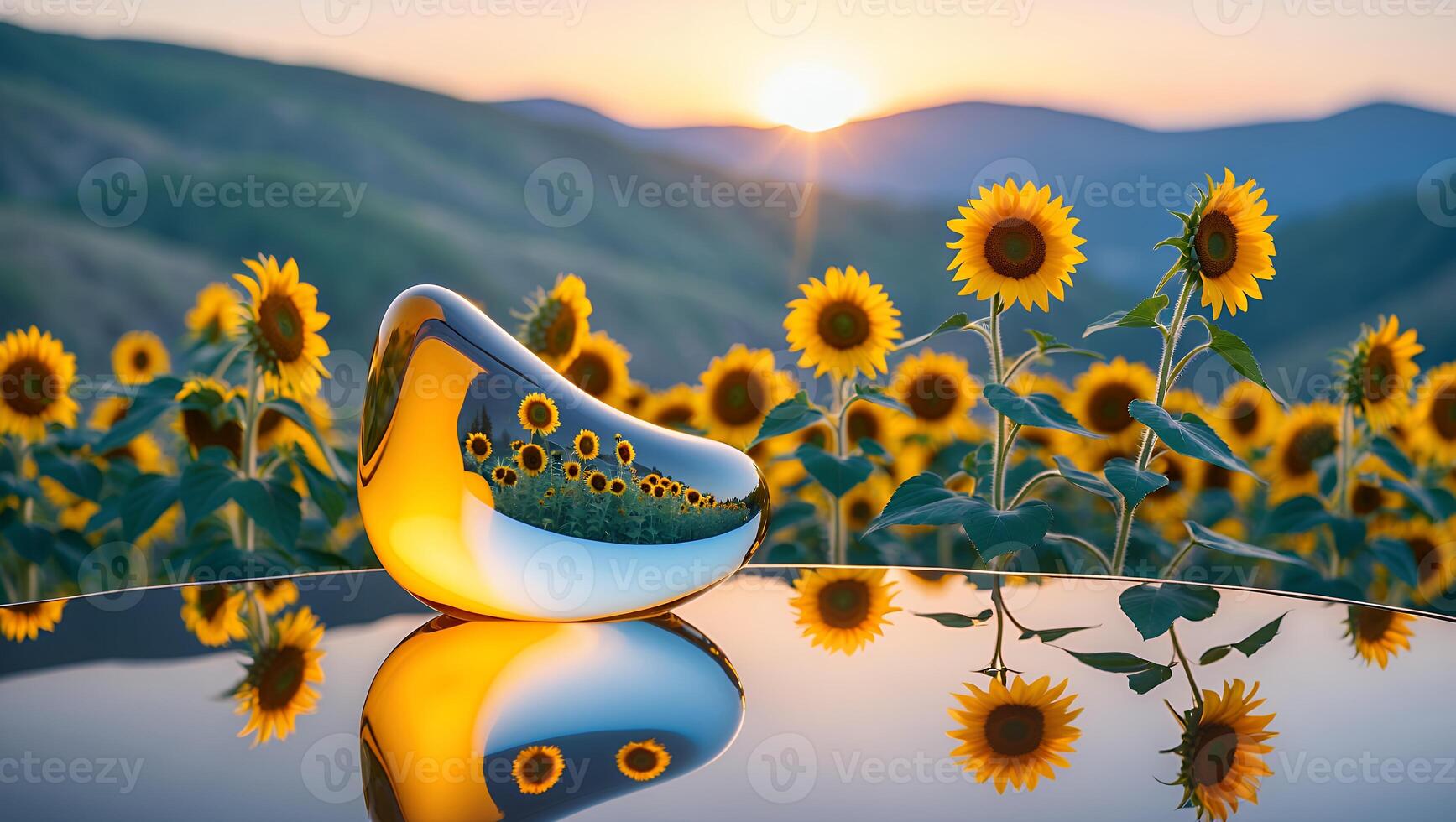 Reflective Object in Sunflower Field with Sunset and Mountain Backdrop photo