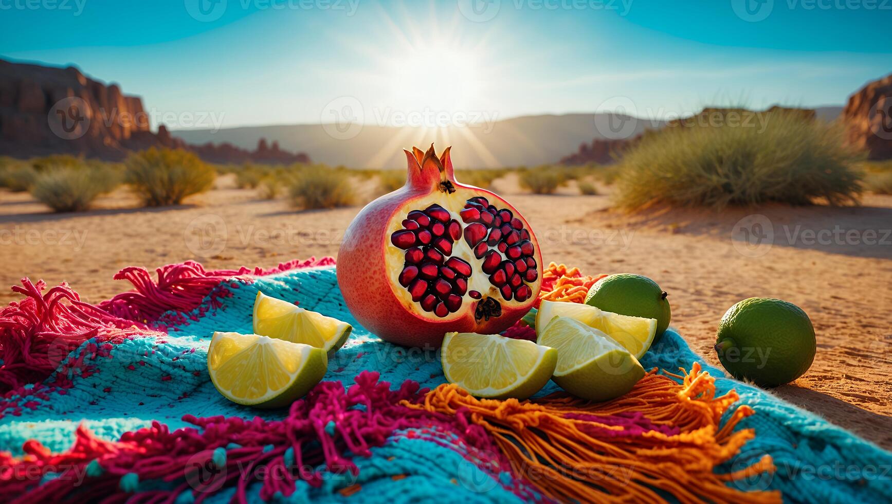 Pomegranate and Lime Slices Resting on Colorful Blanket in Desert photo