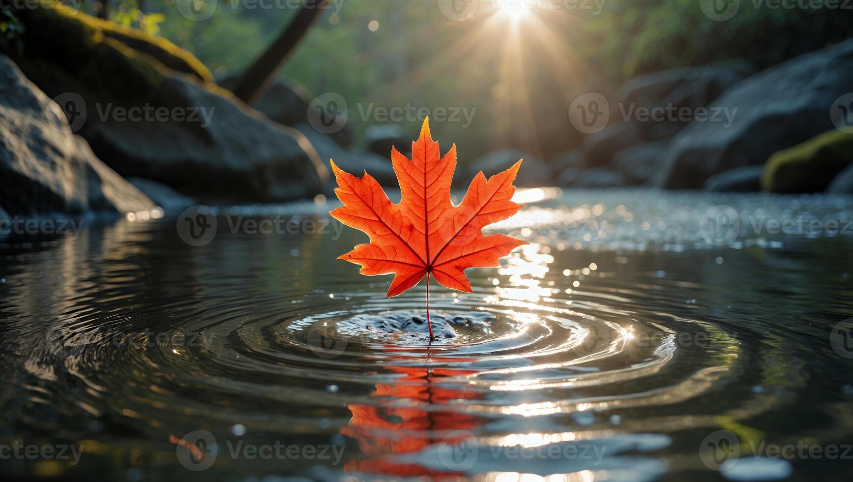 Maple Leaf Floating on Water with Ripples in Forest Setting photo