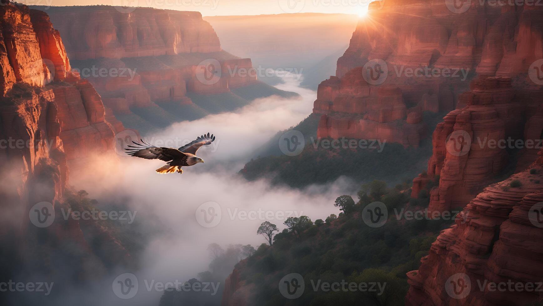 Eagle Soaring Through Canyon with Fog and Warm Sunlight Landscape photo