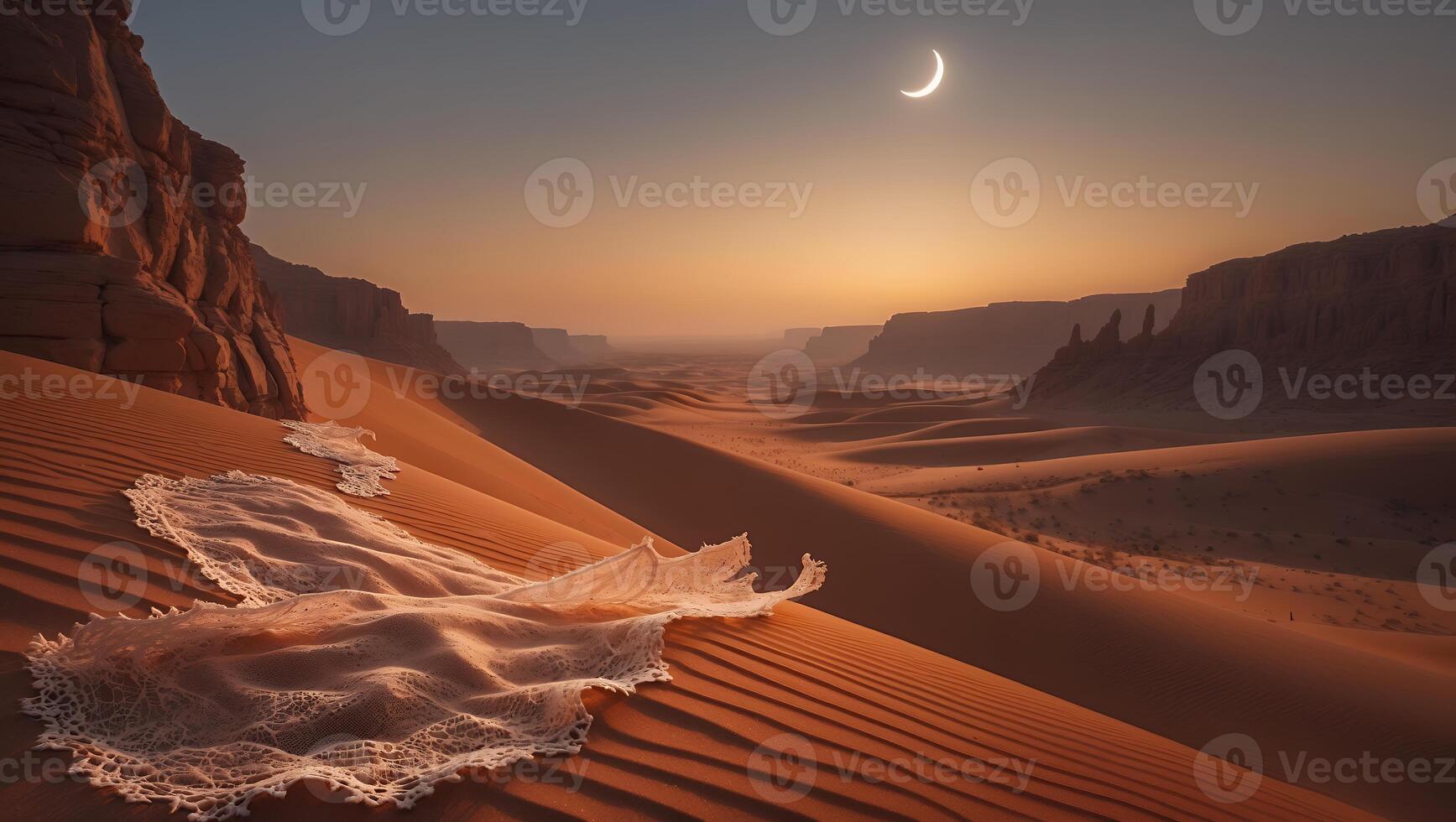 Desert Landscape with Sand Dunes and Crescent Moon at Sunset photo