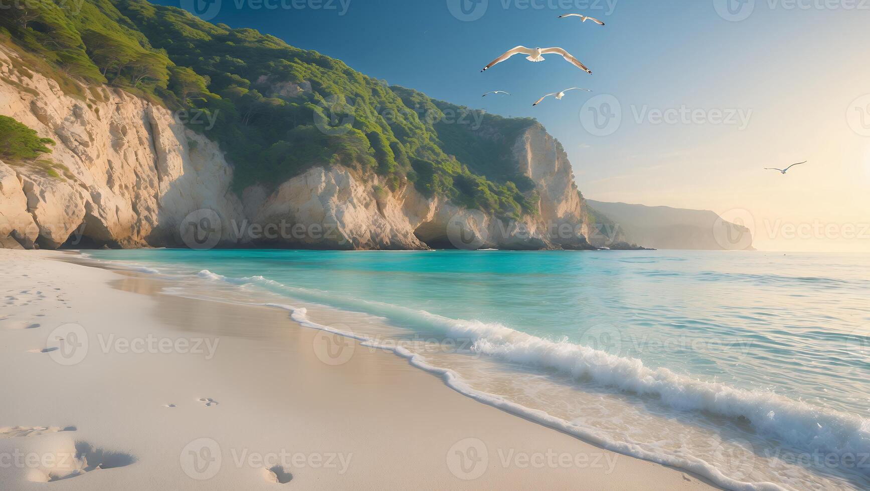Seagulls Flying Above Peaceful Beach with Turquoise Water and Cliffs photo