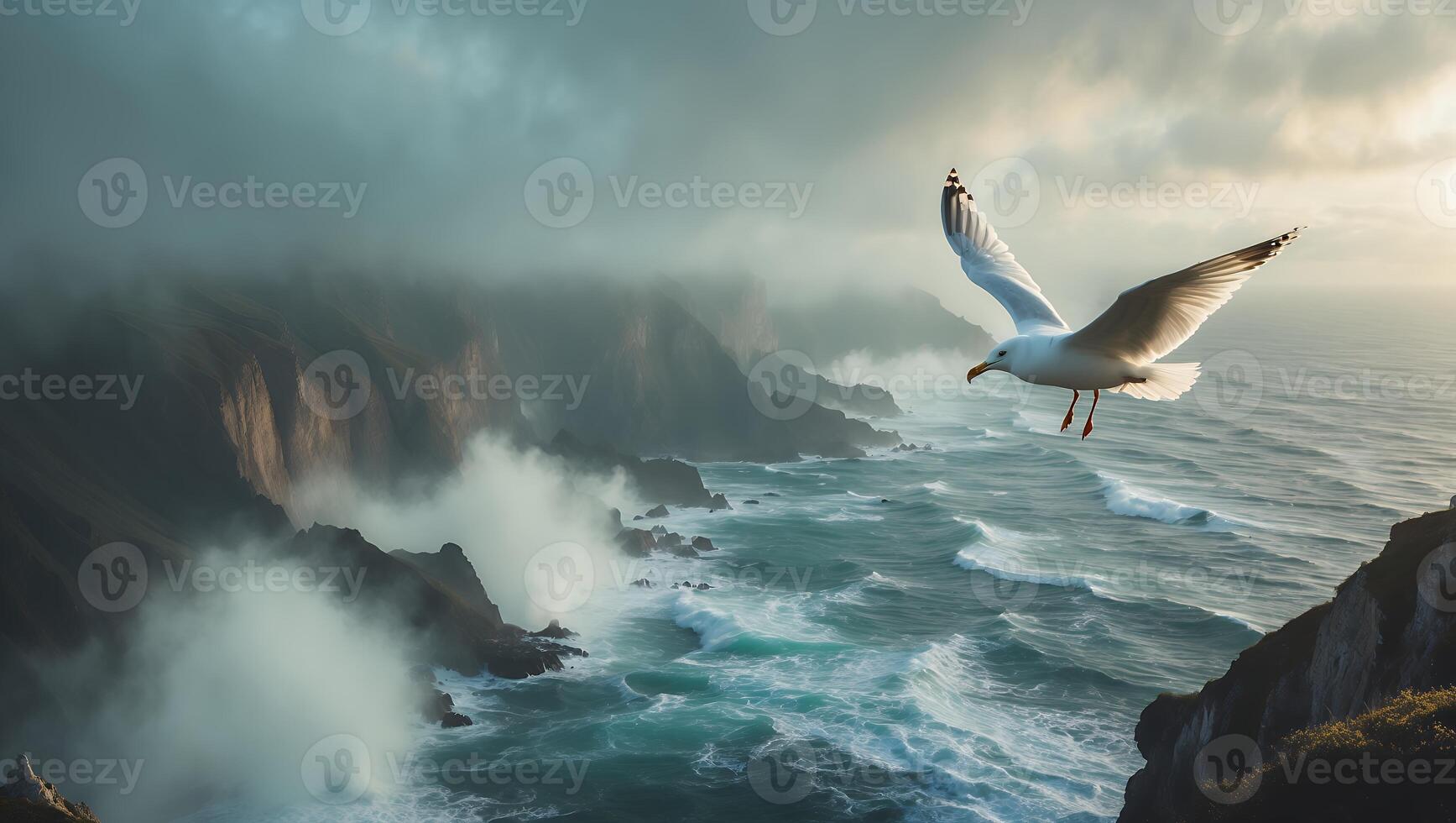Seagull Flying Over Ocean Cliffs with Breaking Waves and Mist photo