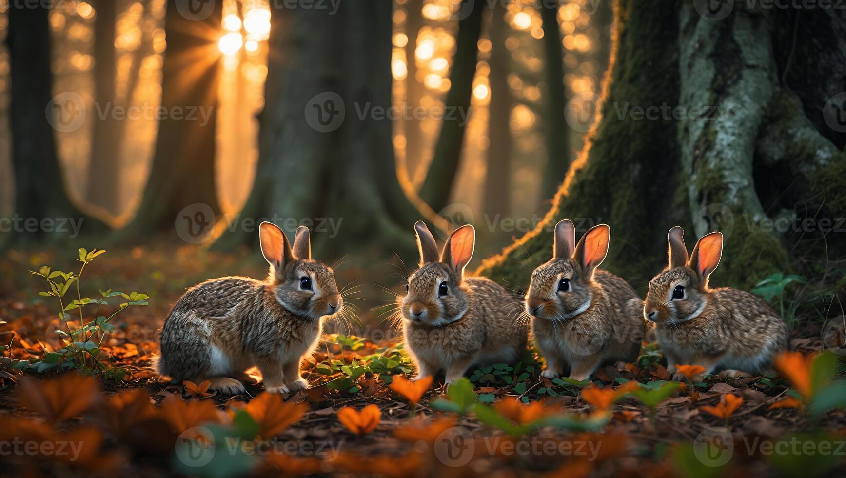 Four Rabbits Sitting Together in Forest Glade with Sunlight photo