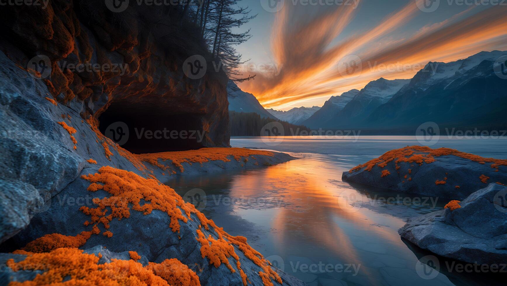 Scenic Lake Landscape with Rocky Shore and Dramatic Sunset Sky photo