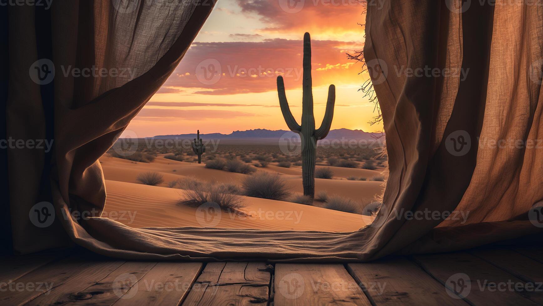 Viewing Desert Cactus Landscape Through Open Curtains at Sunset photo