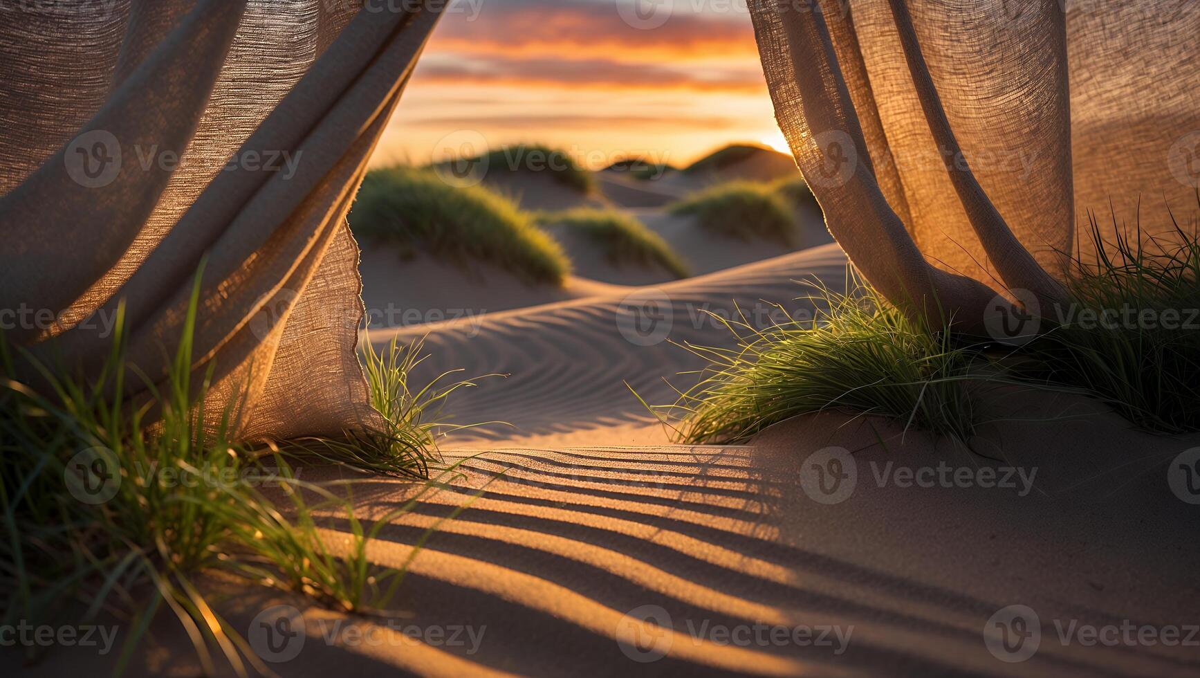 Viewing Sand Dunes and Sunset Through Fabric at Beach Location photo