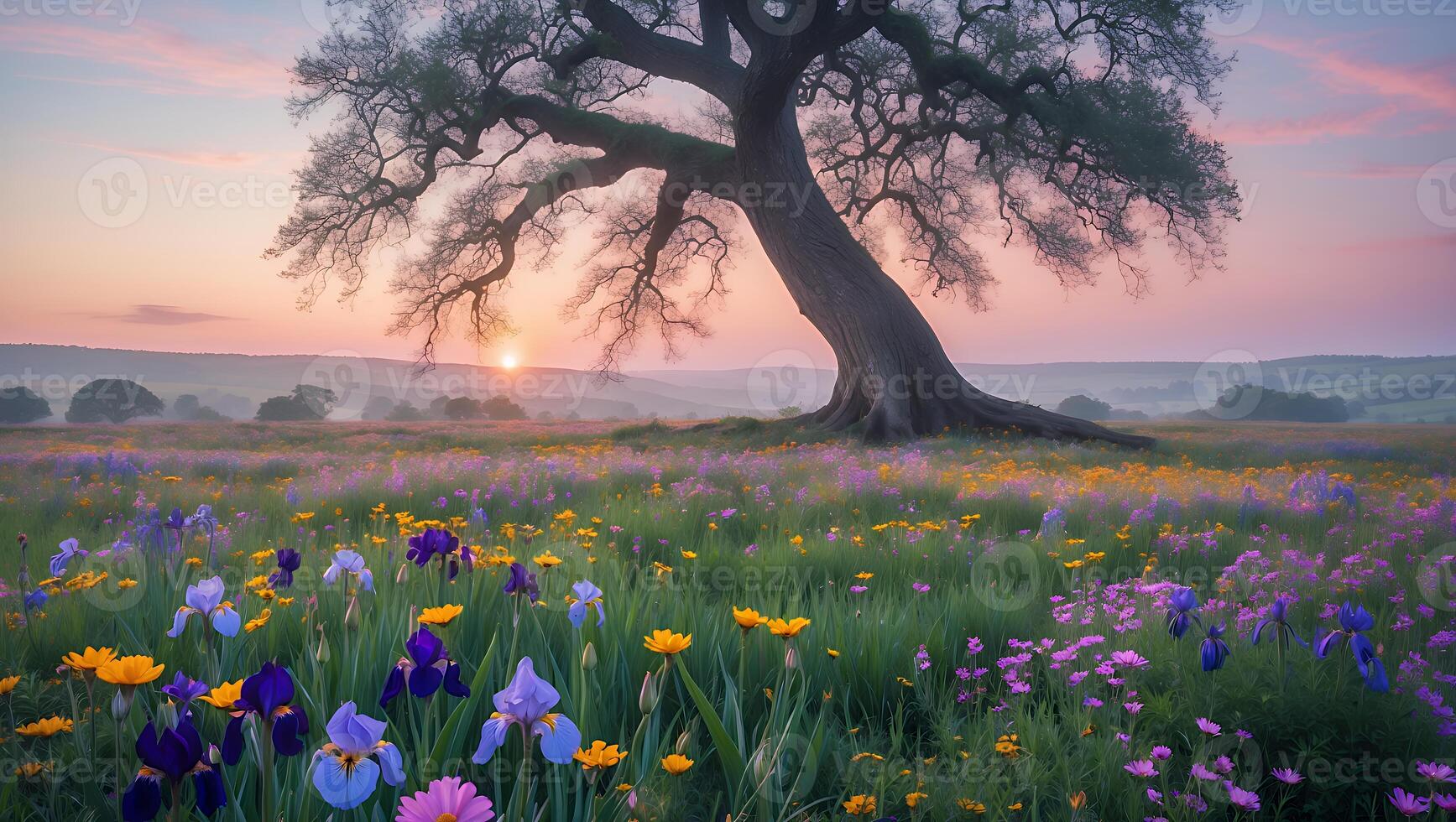 Lone Tree Overlooking Flower Meadow at Sunrise with Pastel Sky photo