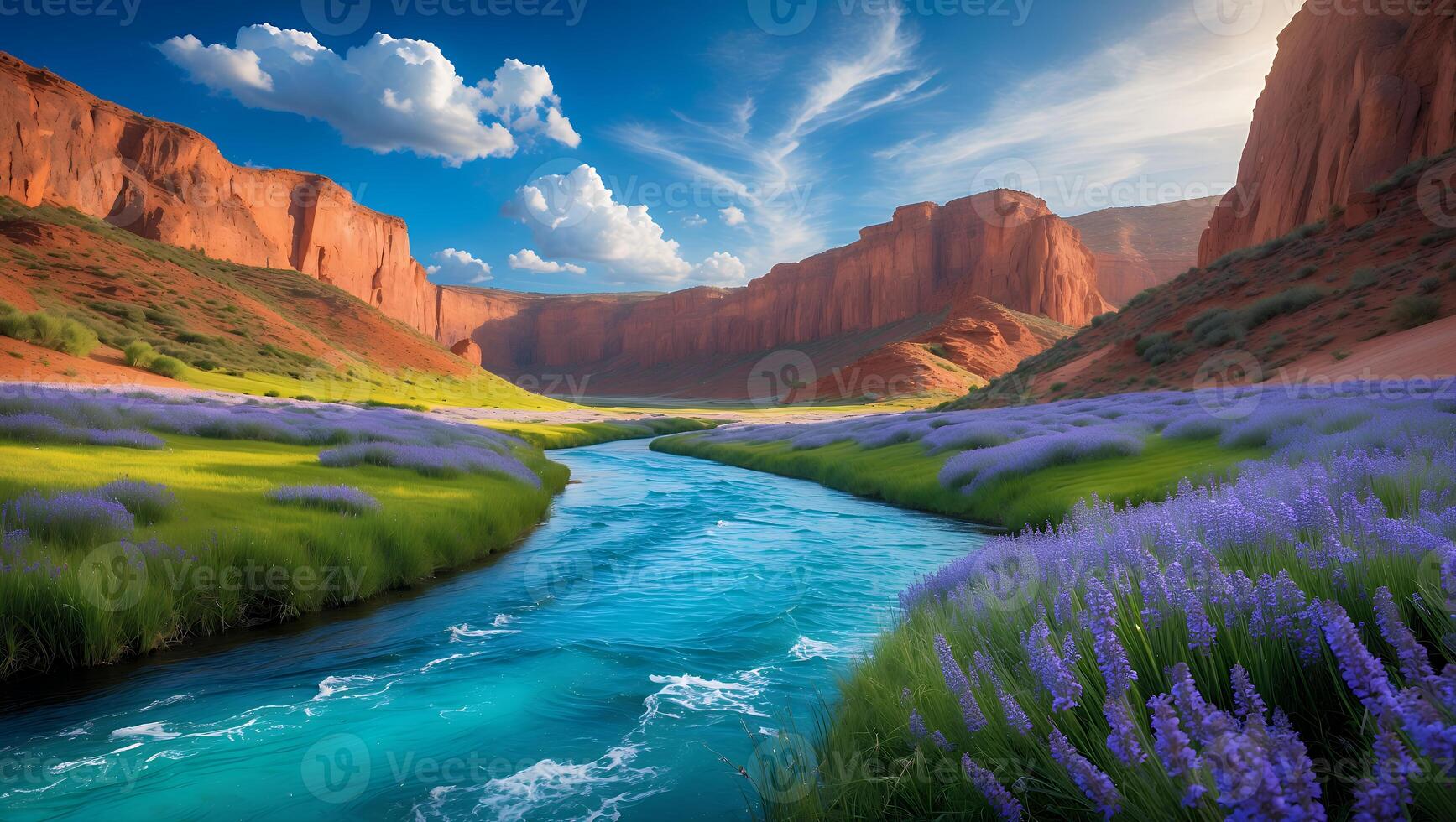 Flowing River Through Canyon with Lavender Field and Blue Sky photo