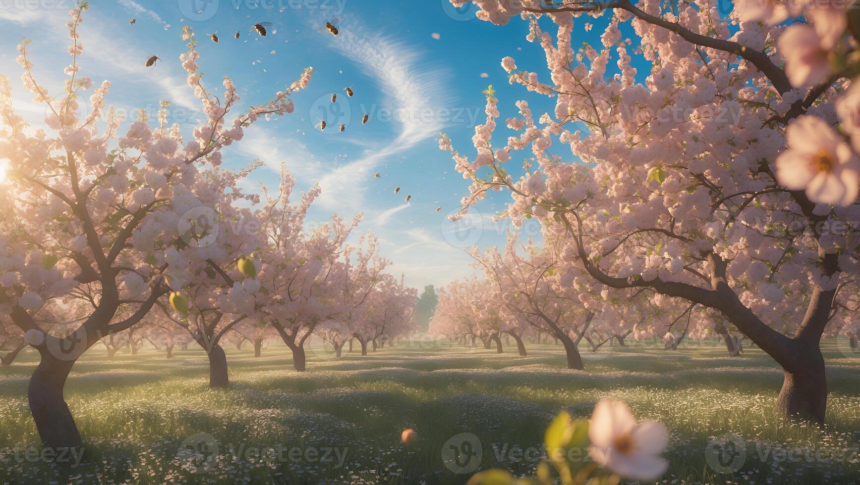 Walking Through Flowering Orchard with Blossoms and Soft Sunlight photo
