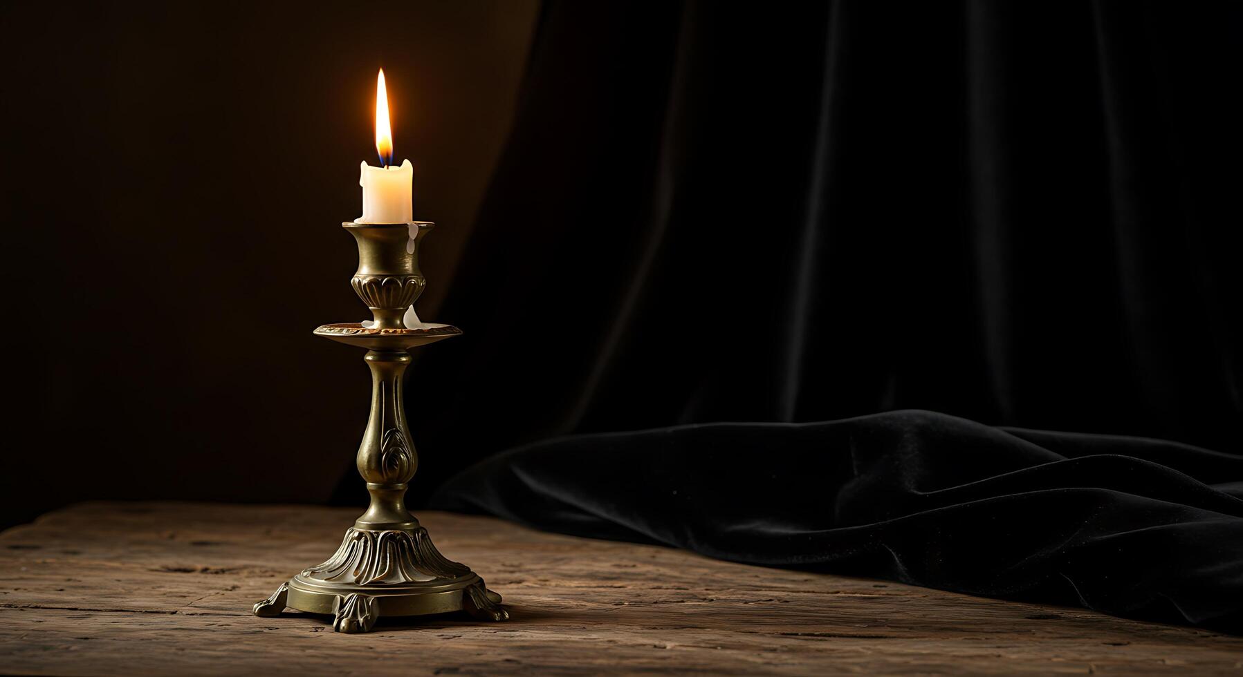 A candle is sitting on a table with a black curtain photo