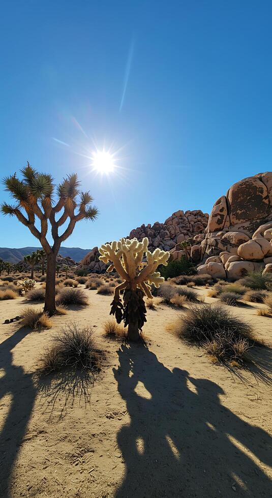 A desert landscape with a tree and a sun photo