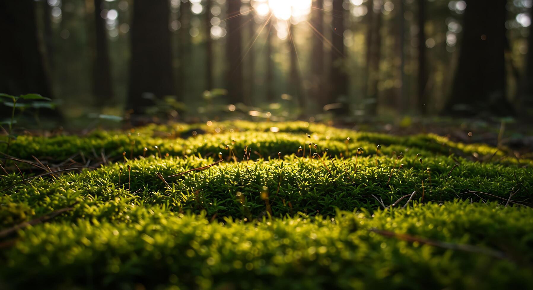A green mossy forest with sun shining through photo