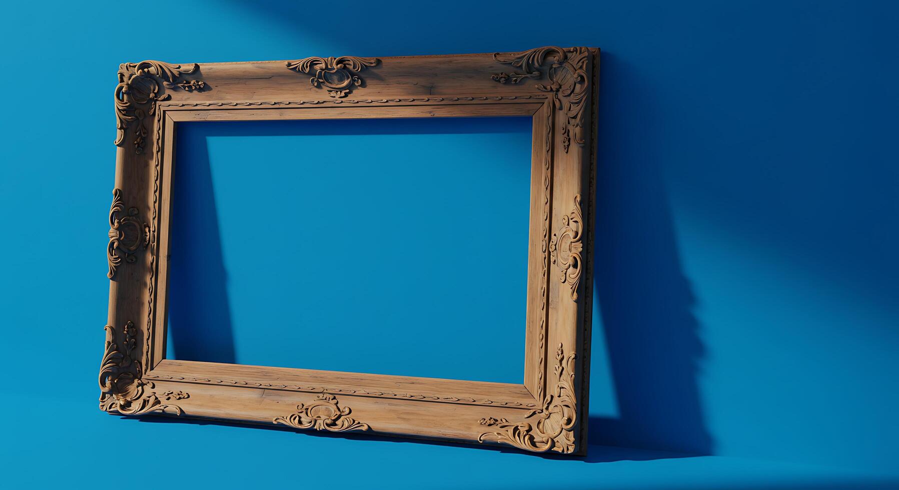 A wooden frame sitting on a blue wall photo