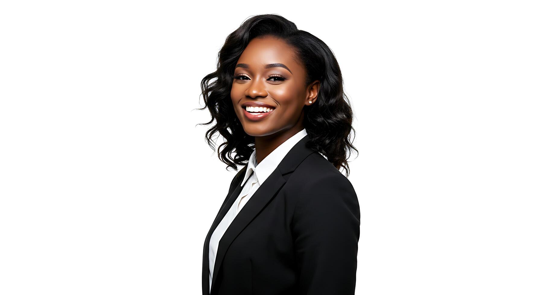 A black woman in a business suit smiling photo