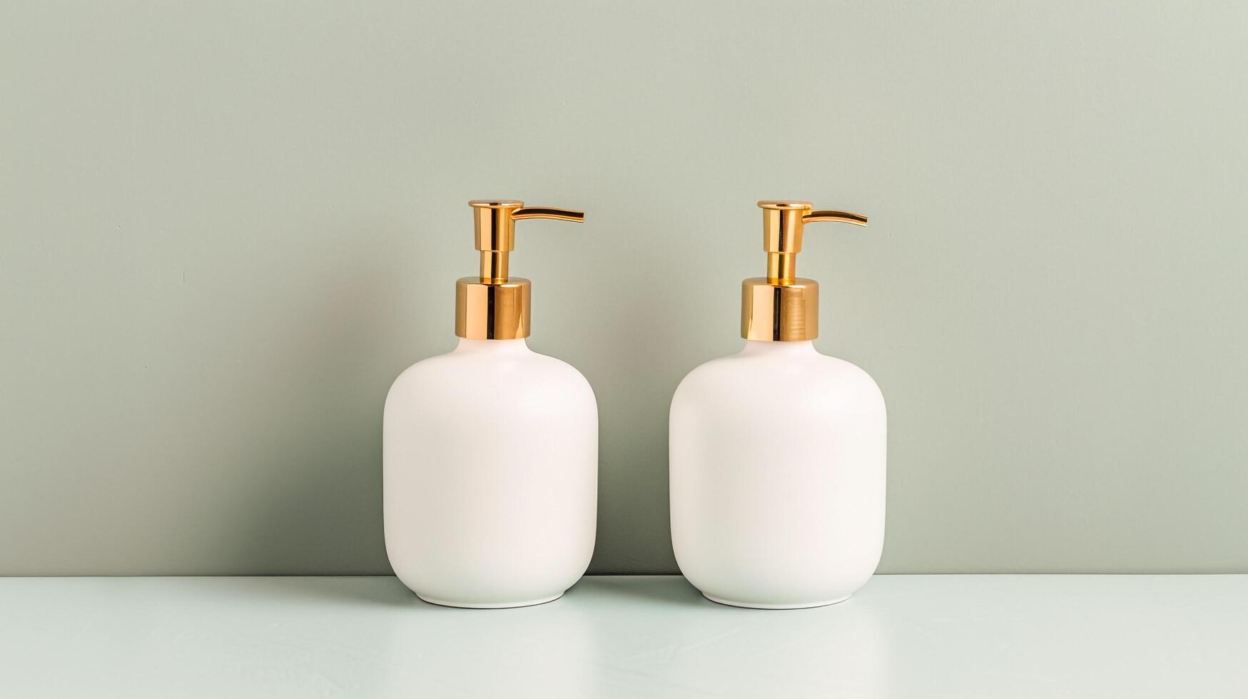 Two white soap dispensers with gold handles on a green surface photo