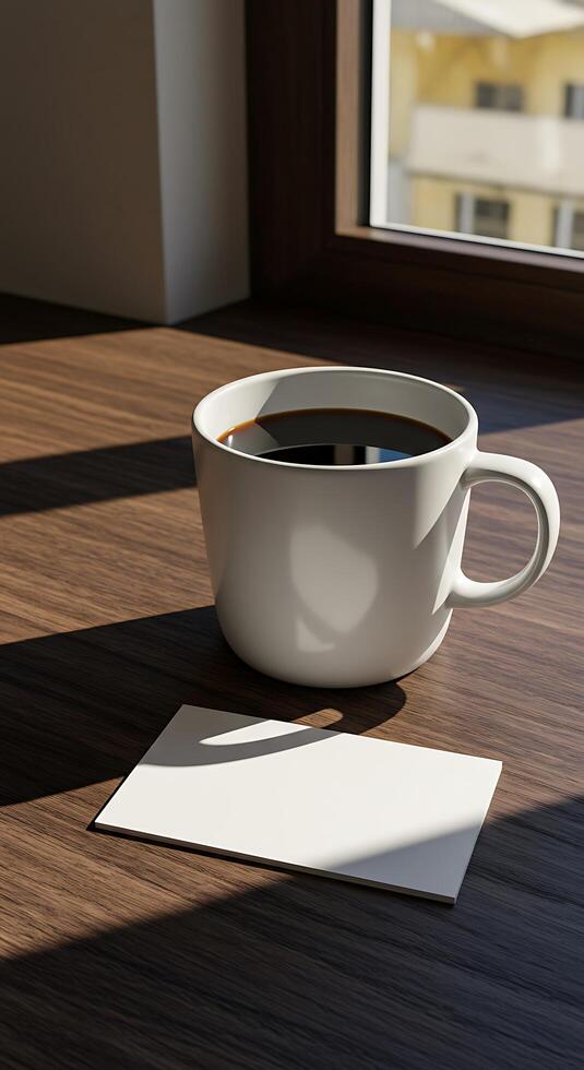 A cup of coffee and a piece of paper on a table photo