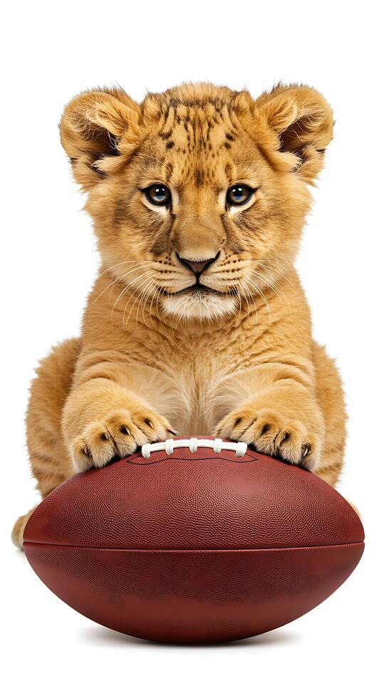 A lion cub is holding a football photo