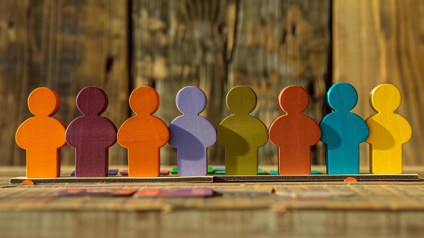 A group of colorful wooden people on a wooden table photo