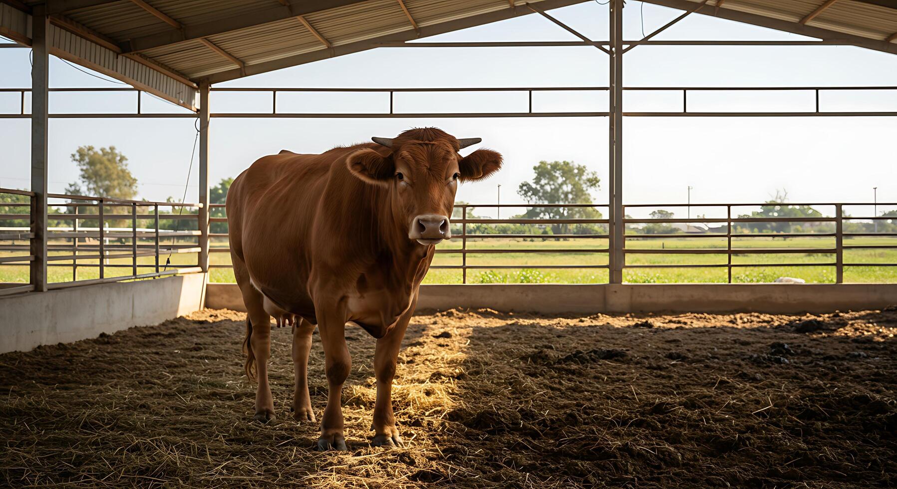 A cow standing in a barn with a fence photo