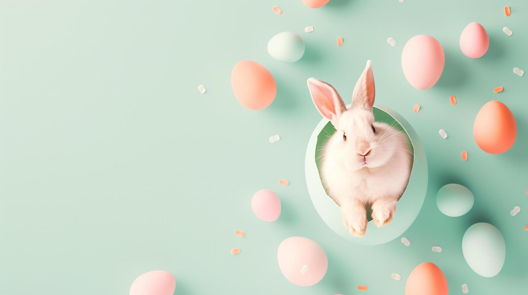 Easter bunny in egg on turquoise background with easter eggs and confetti photo
