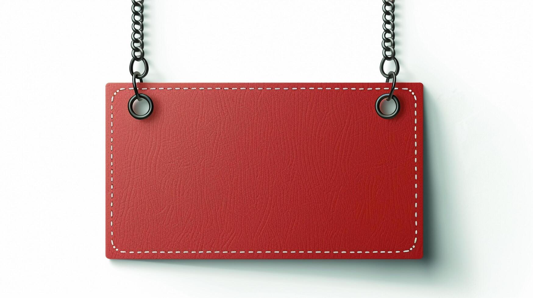Red leather sign hanging on chain photo
