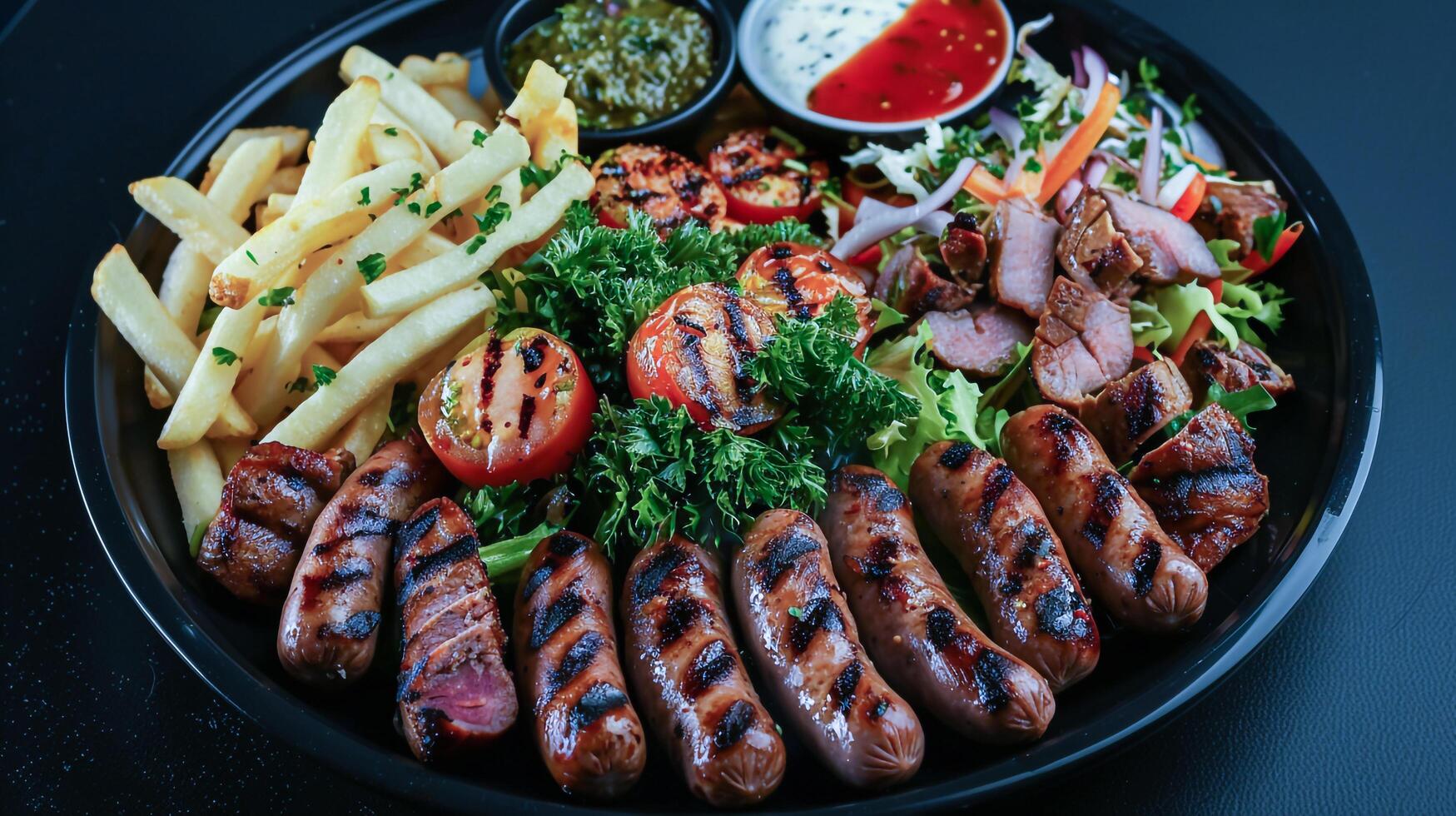 A plate of food with sausages, fries and salad photo