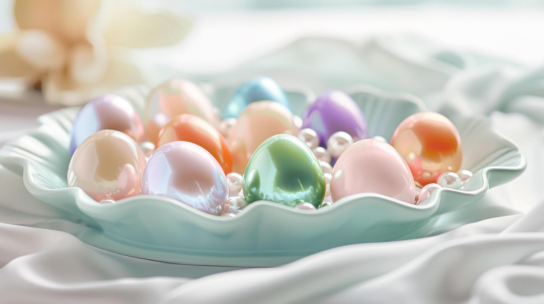 A bowl filled with colored eggs and pearls photo