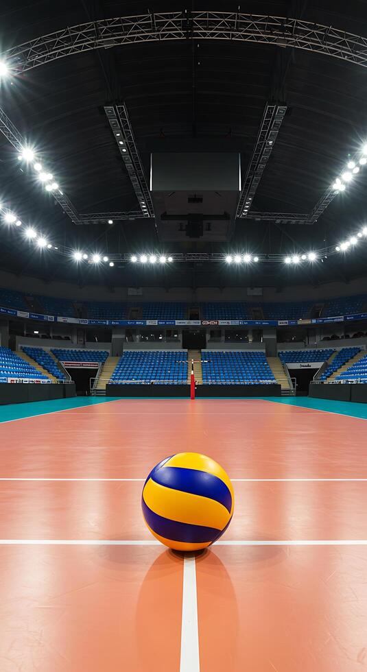 A volleyball ball sits on the court in an empty arena photo