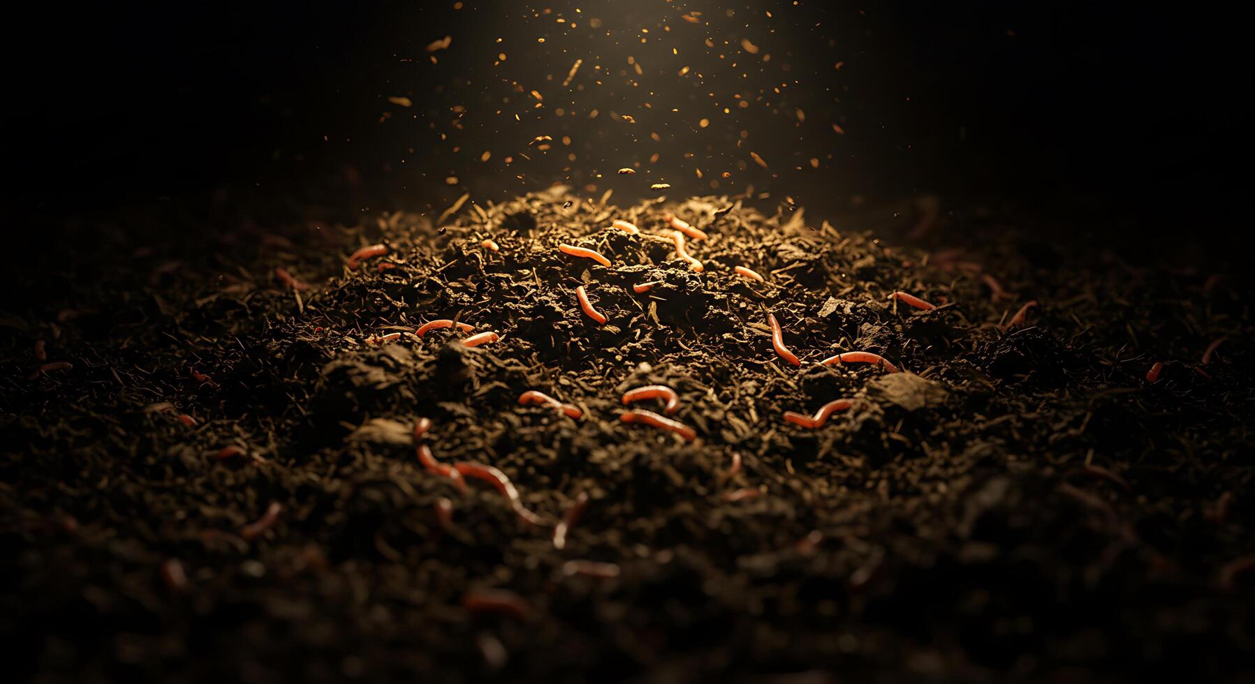 A pile of worms in the dark with light coming from the top photo