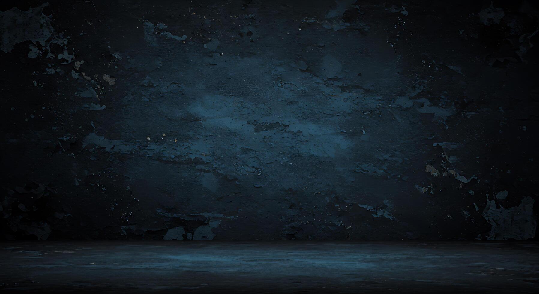 Dark grunge background with dark blue paint and concrete floor photo