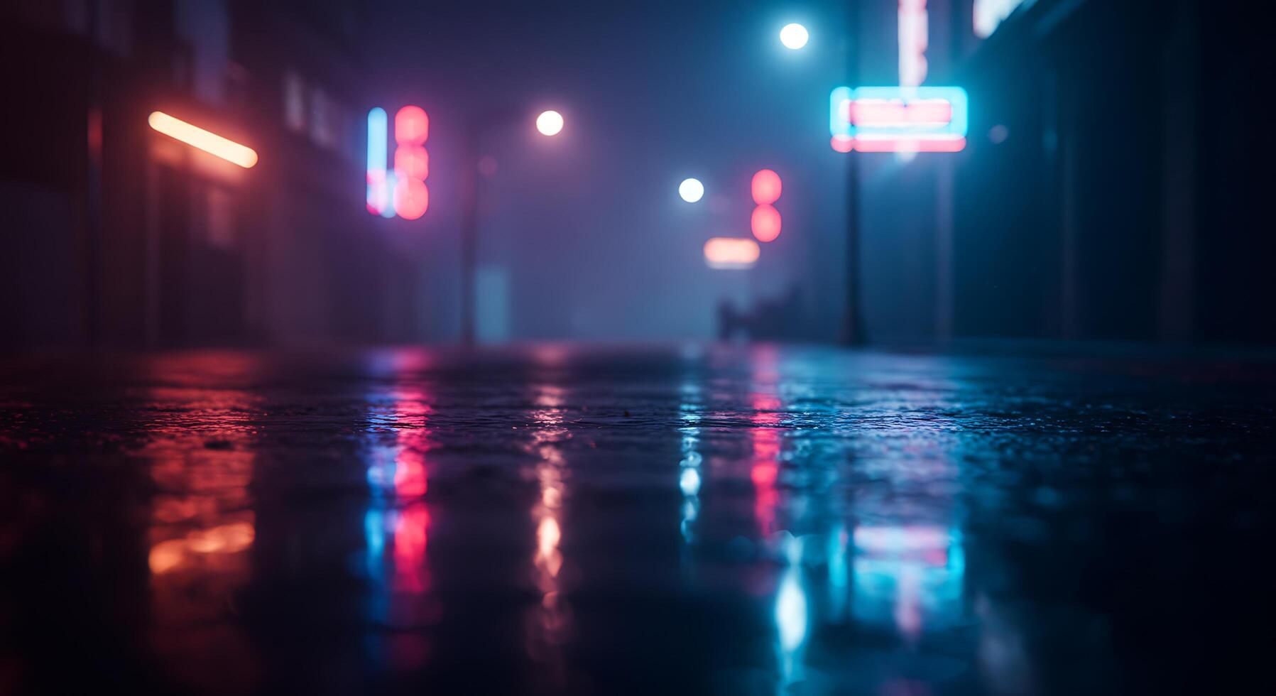 A wet street at night with neon signs photo