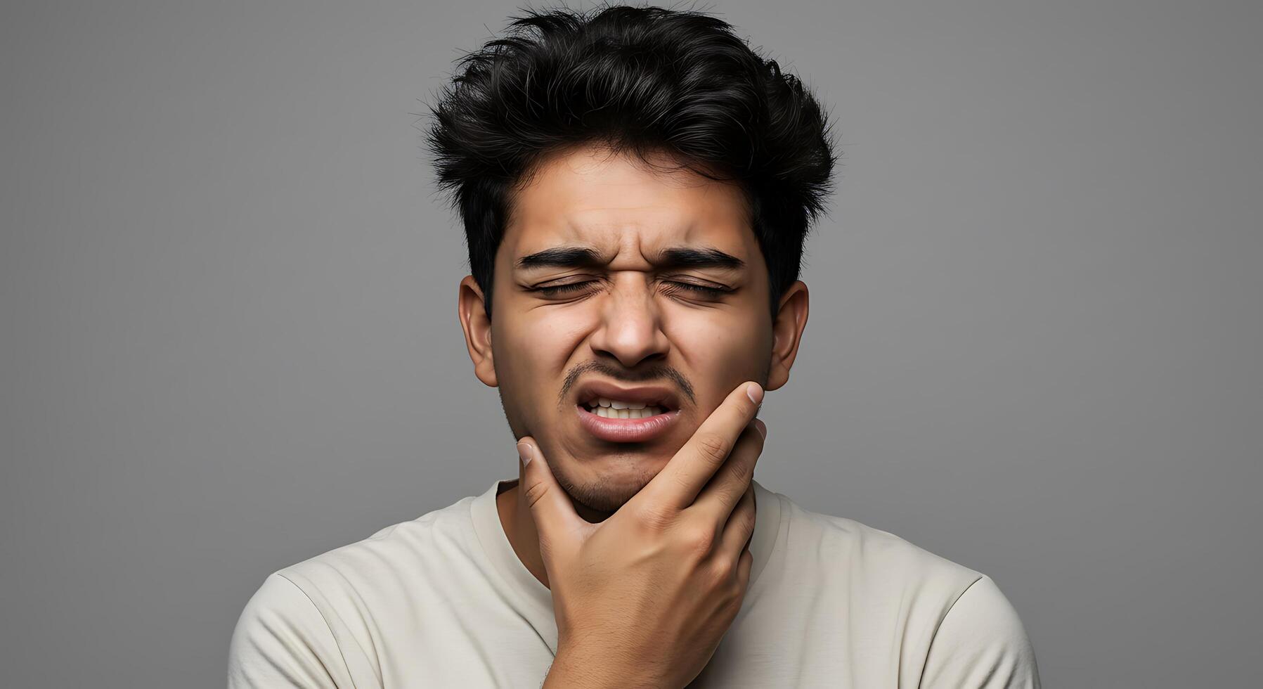 A man with his mouth open and holding his chin photo