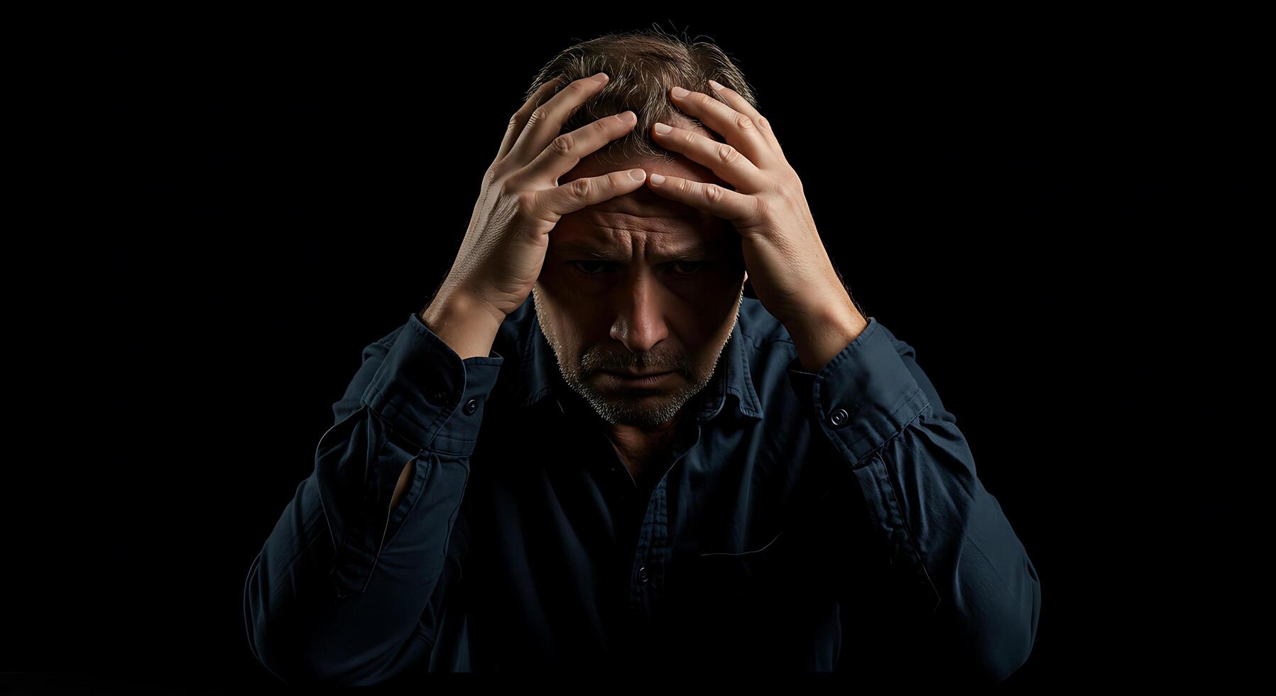 A man is holding his head in his hands photo