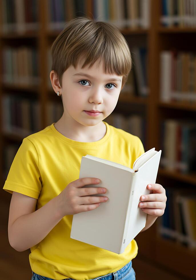 A young boy holding a book in front of a library photo