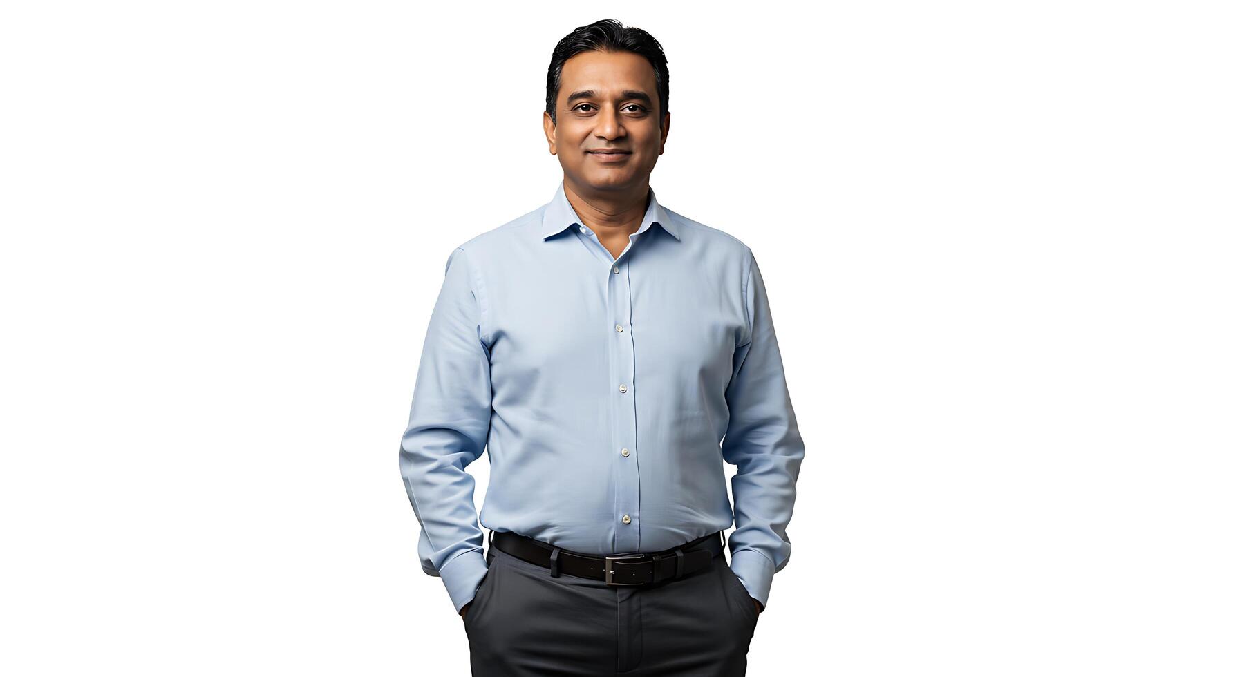 A man in a blue shirt and black pants photo
