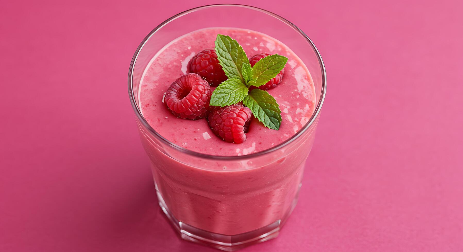 A smoothie with raspberries and mint on a pink background photo