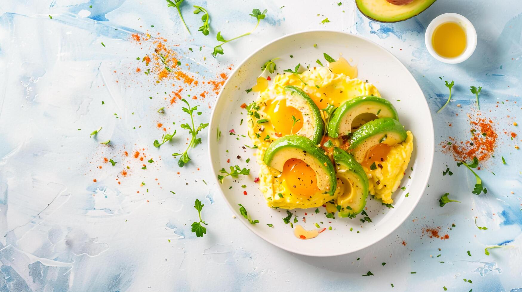 Avocado and eggs on a plate with a bowl of sauce photo