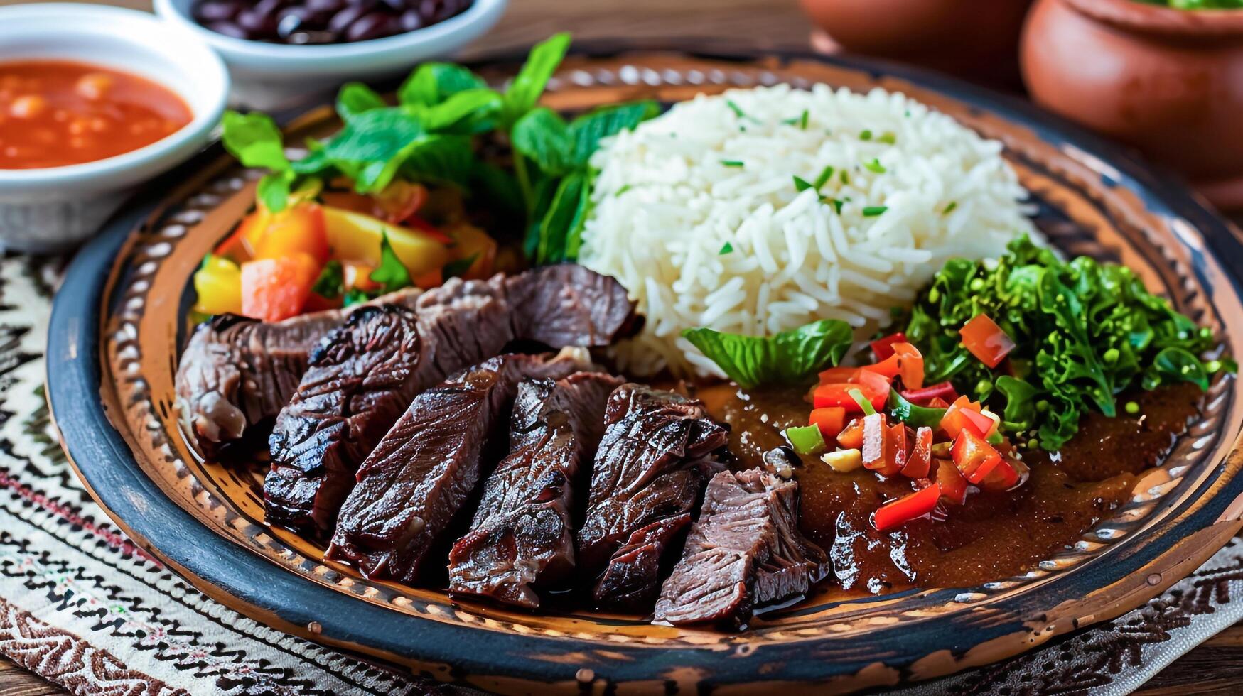 Mexican food with steak and rice photo