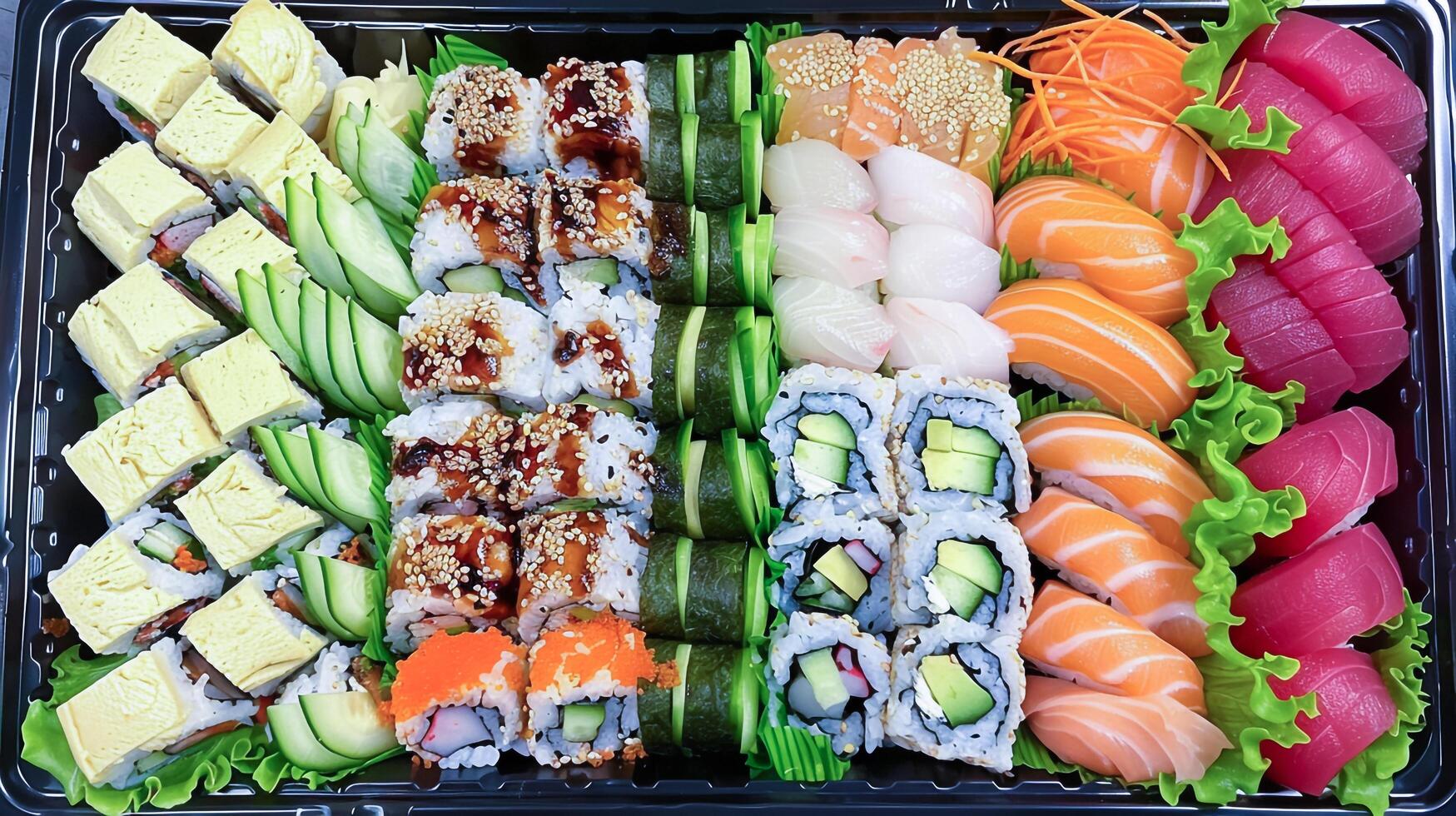 A tray of sushi with various types of food photo