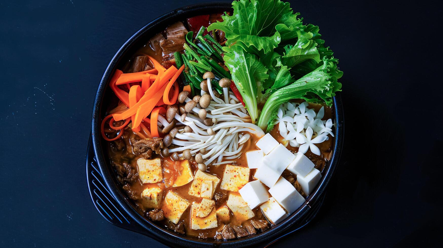 A bowl of food with meat, vegetables and tofu photo