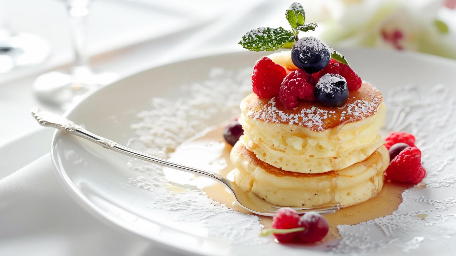 A stack of pancakes with berries and syrup on top photo