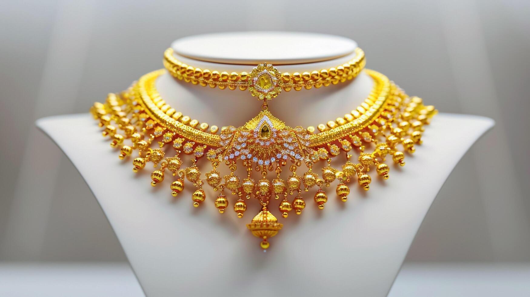 Golden necklace with pearls and diamonds photo