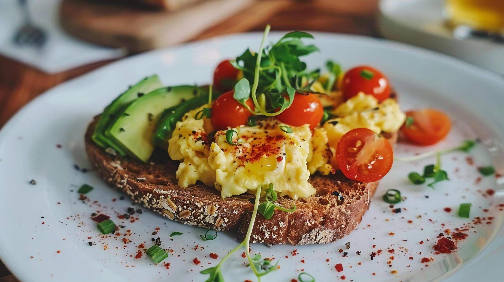 Scrambled eggs with tomatoes and avocado on toast photo