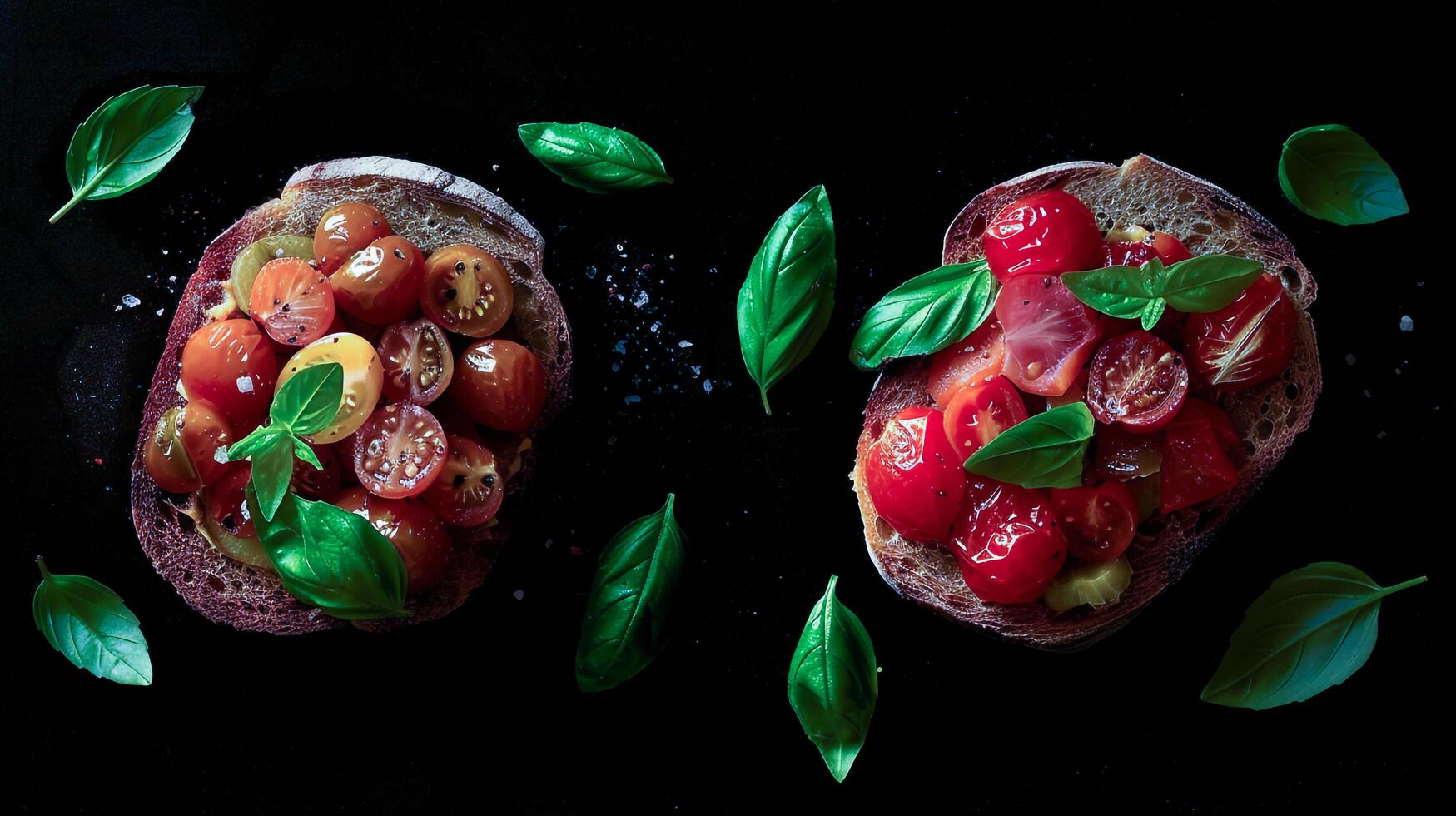 Two slices of bread with tomatoes and basil leaves photo