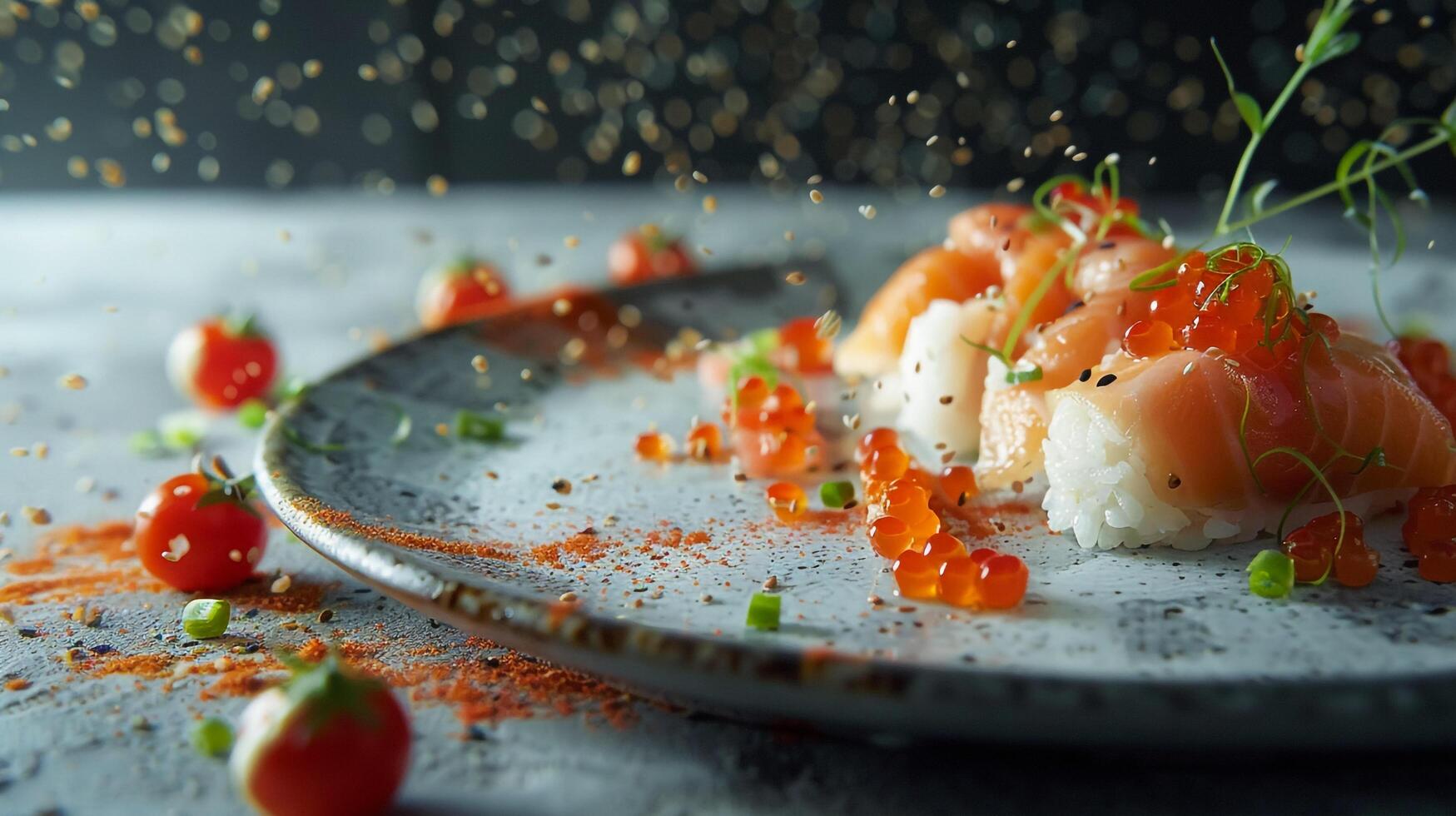 A plate with sushi and tomatoes on it photo
